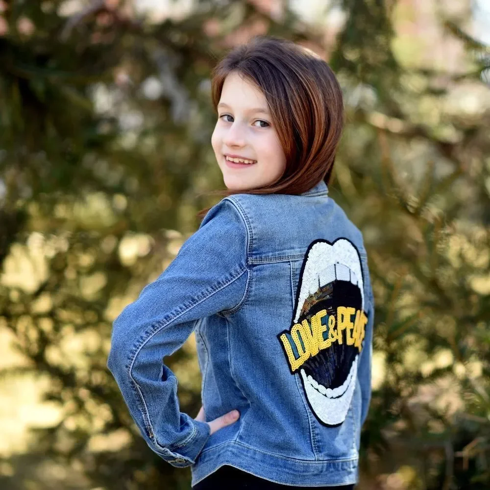 Denim Jacket With Sequin Love & Peace Lips Patch